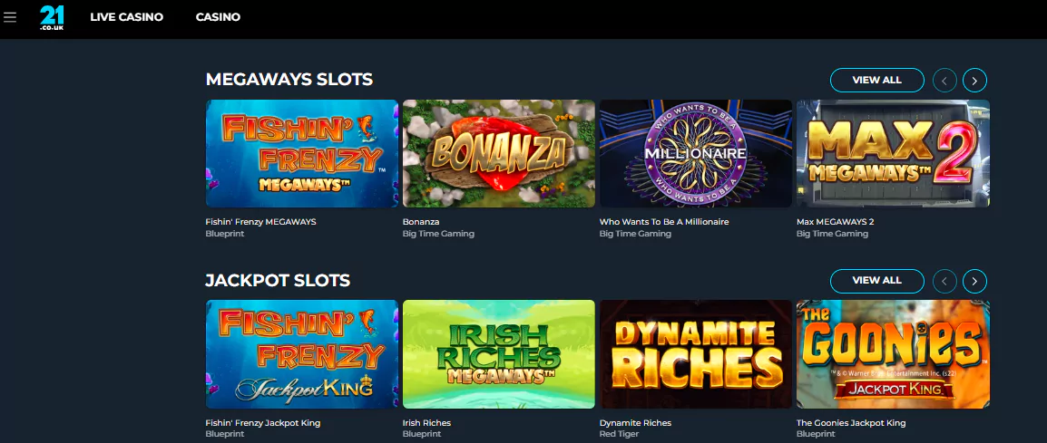 21.co.uk Casino Megaway and Jackpot slots