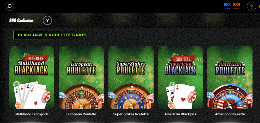 888 Casino's exclusive blackjack and roulette