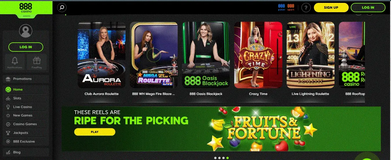 888 Casino's interface
