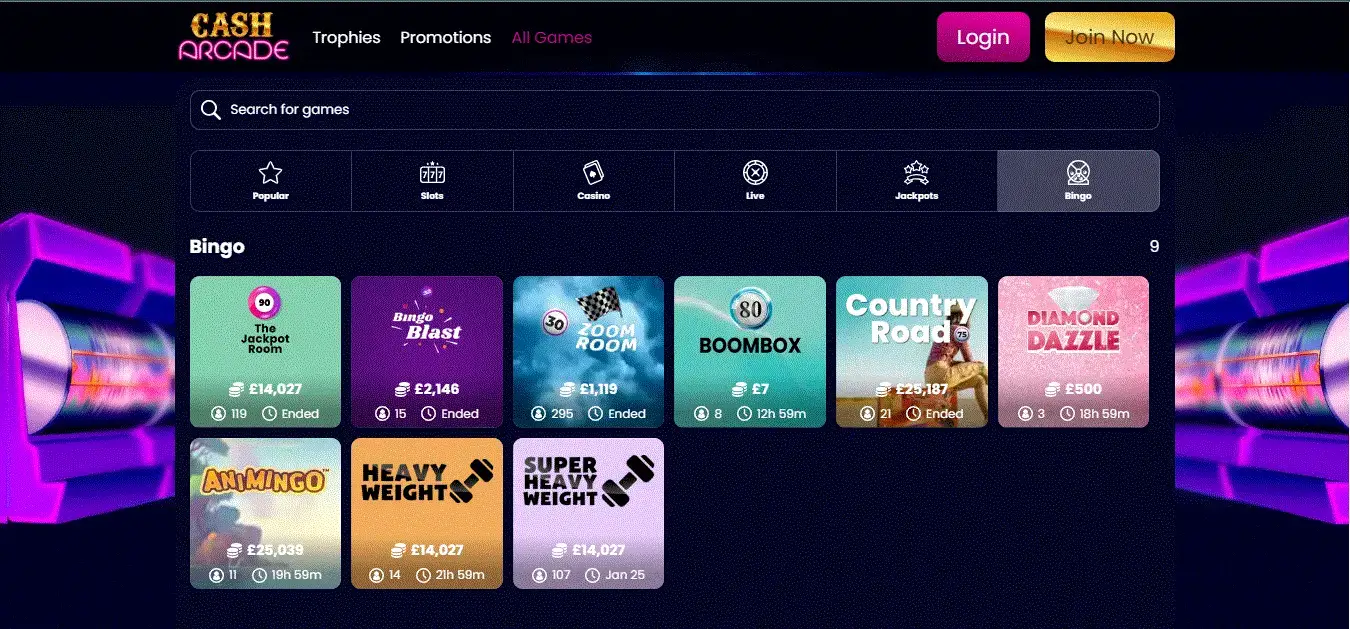 Cash Arcade bingo rooms