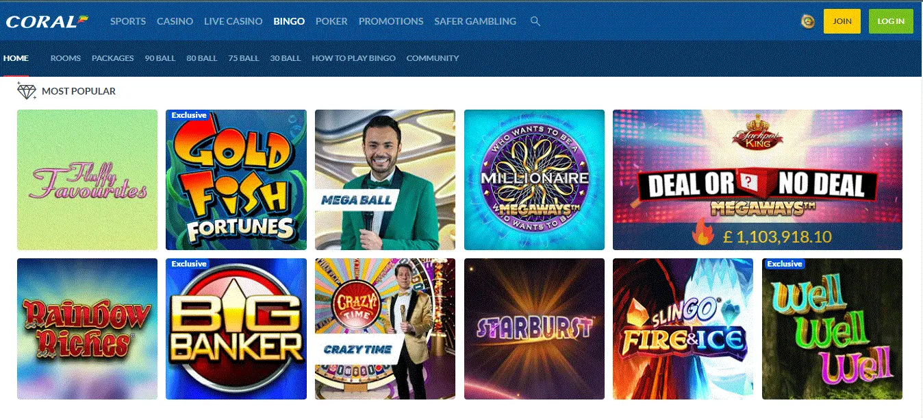 Corall Bingo popular games