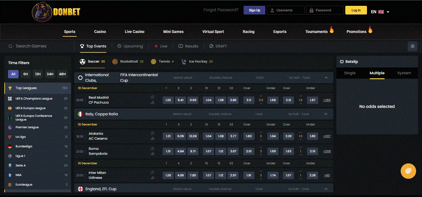 Donbet sportsbook section