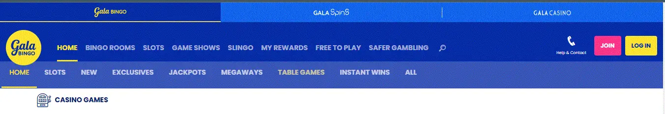 Gala Bingo’s menu section