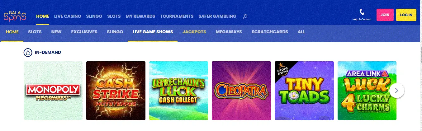 Gala Spins’ in-demand game section