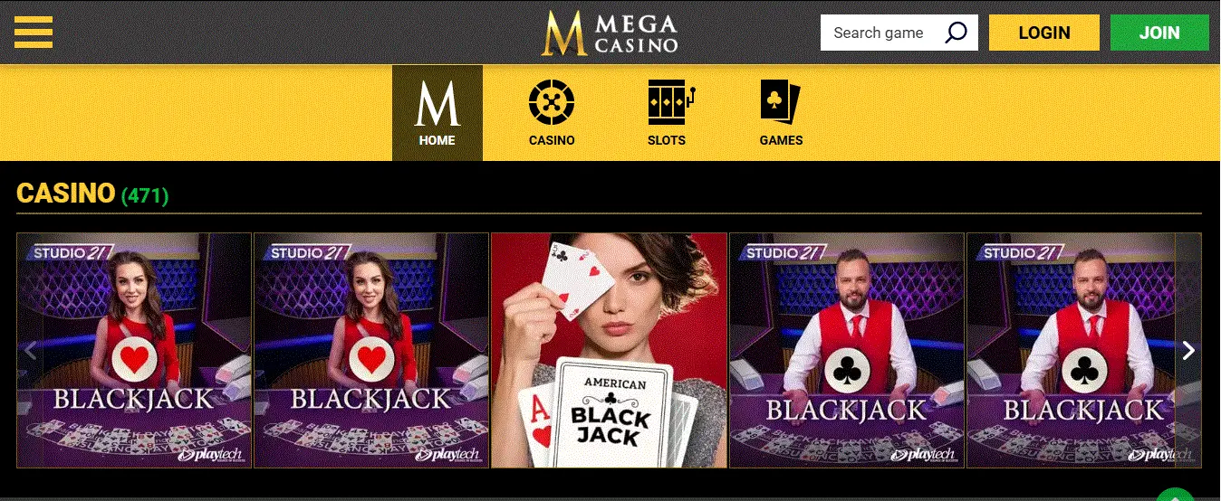 Mega Casino's top game display