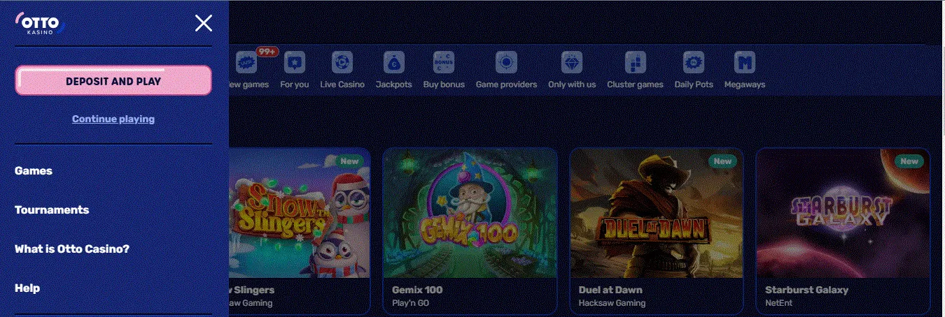otto kasino deposit and play menu