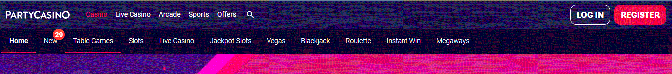 Party Casino’s menu section