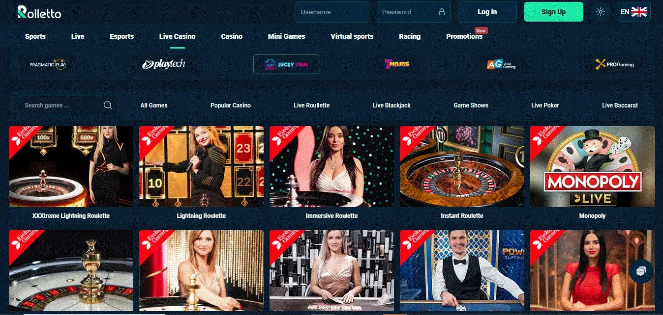Rolletto's live games from Evolution Gaming