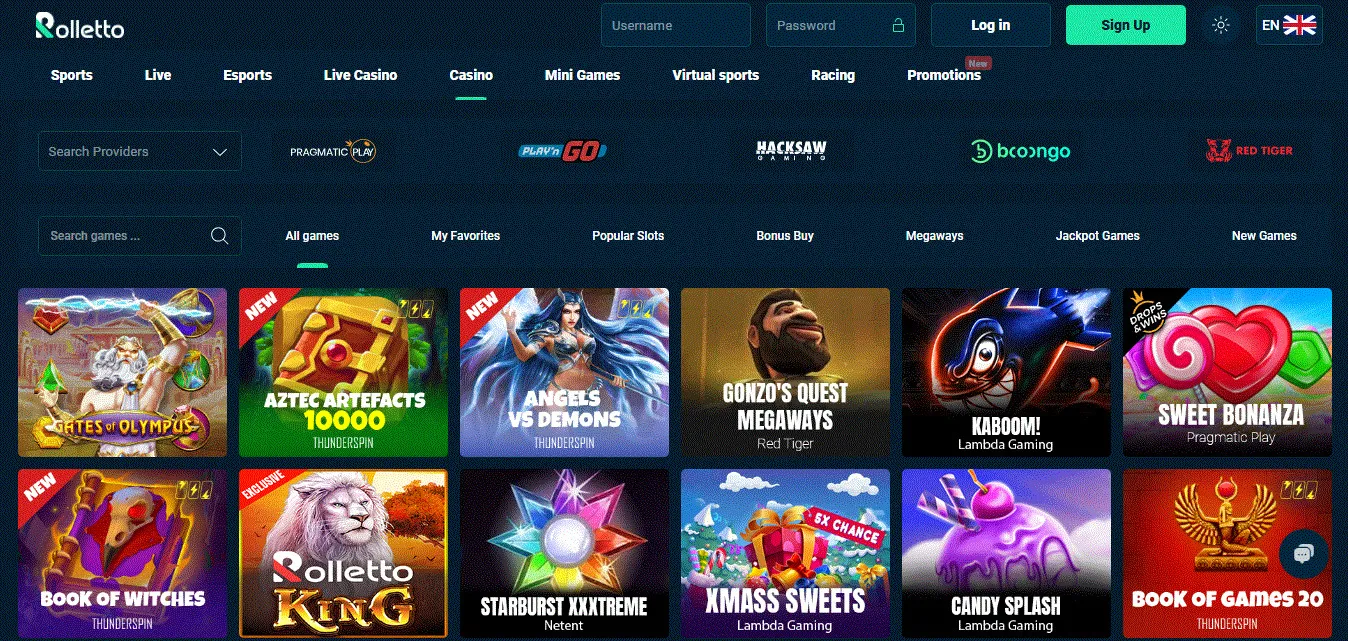 Dashboard of Rolletto Casino