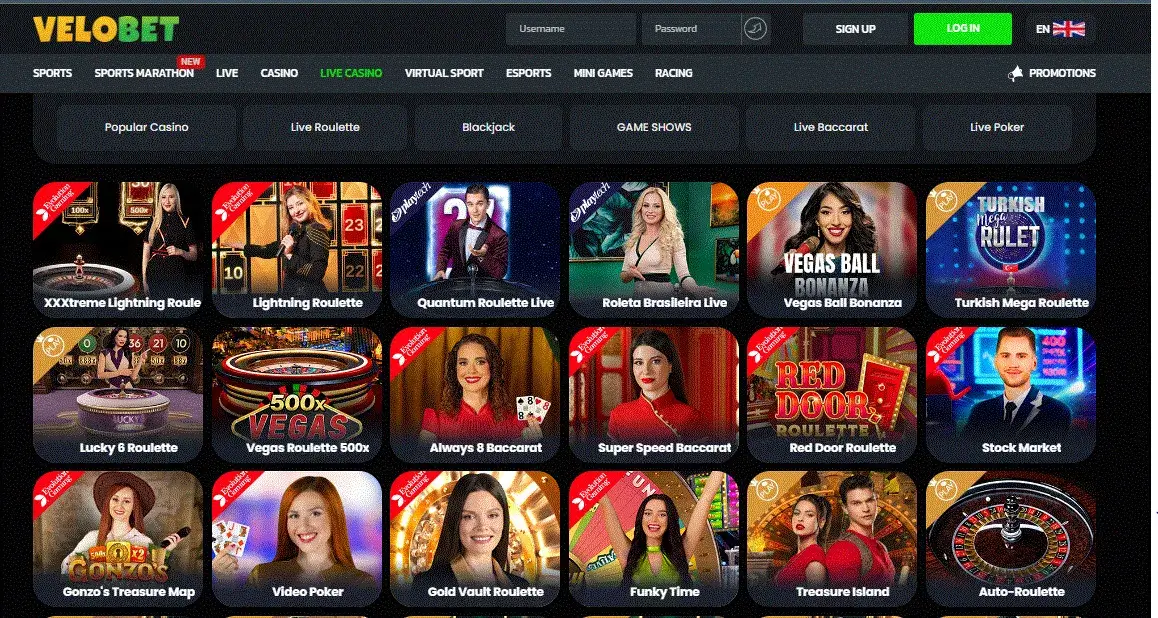 Velobet live casino section