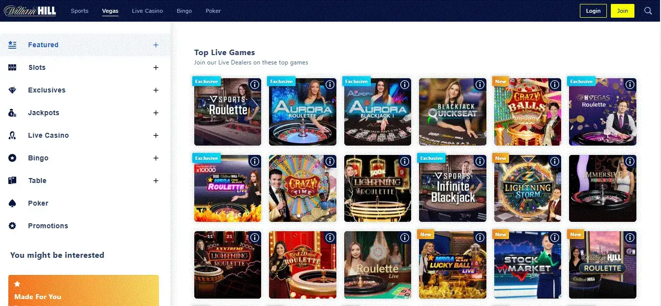 William Hill Vegas' top live games