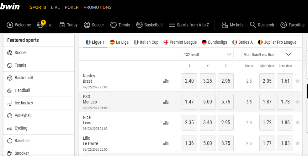Bwin casino featured sports