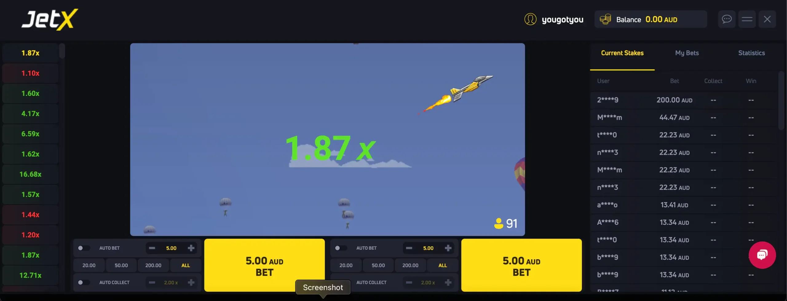 Screenshot of the JetX crash game at Cosmobet Casino, showing a jet ascending with a multiplier of 1.87x.