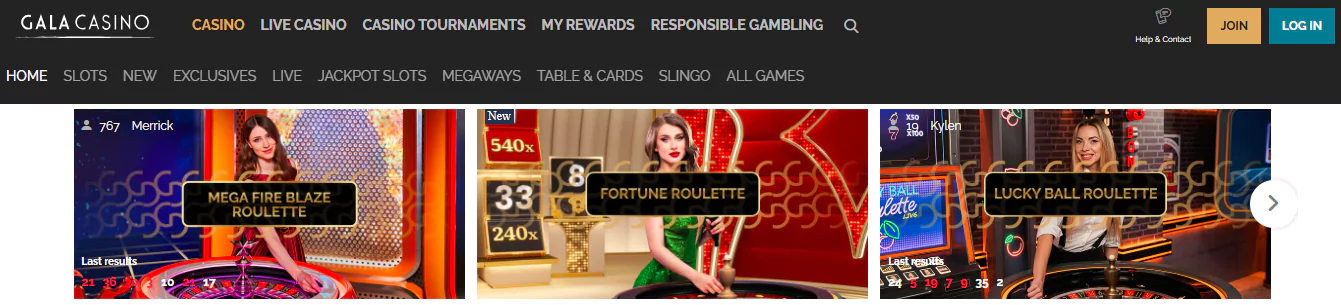 Gala Casino game categories