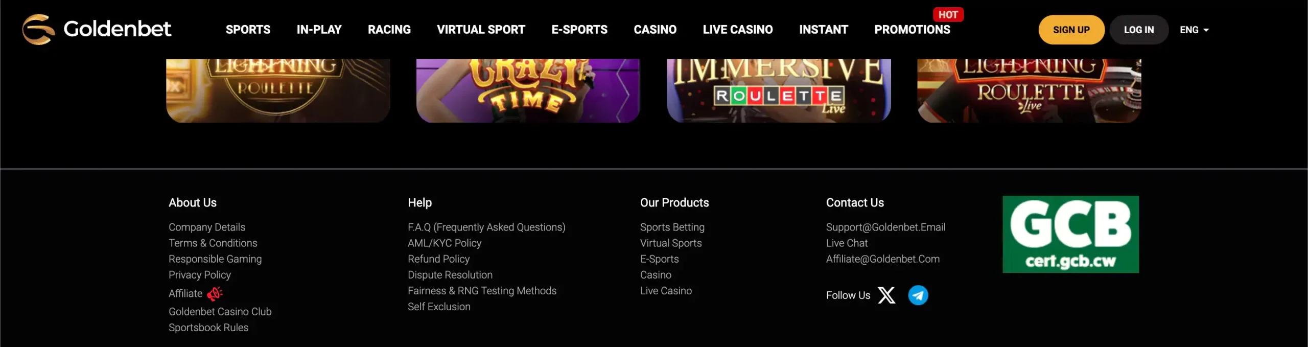 Menu and footer of Goldenbet Casino featuring game variety and company information