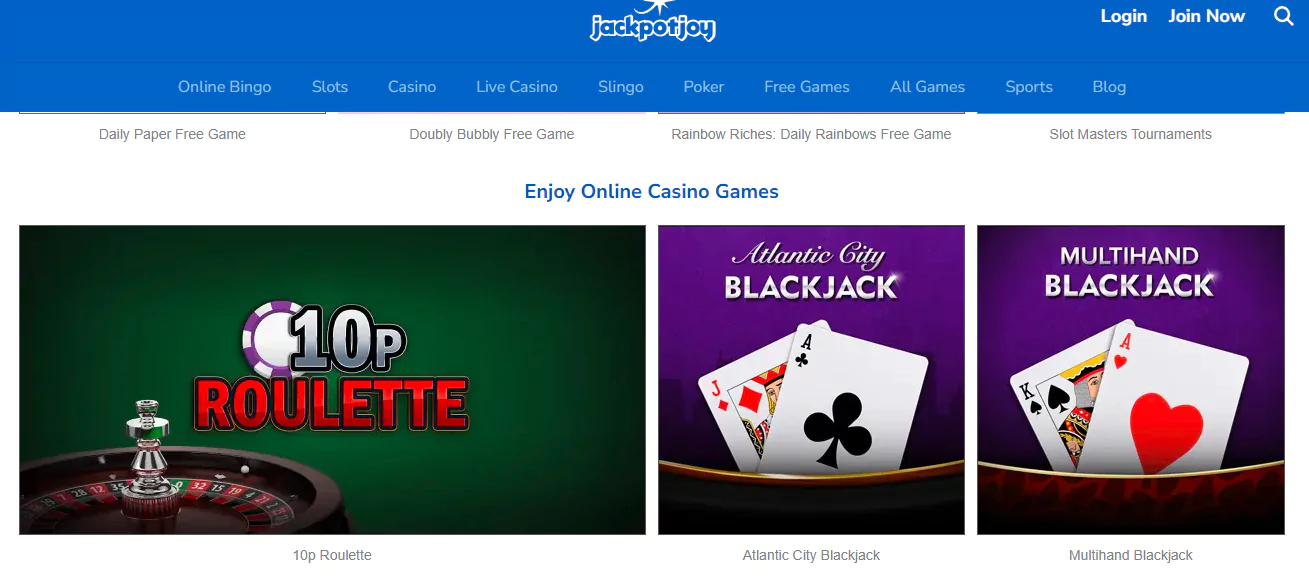 Jackpotjoy casino games section