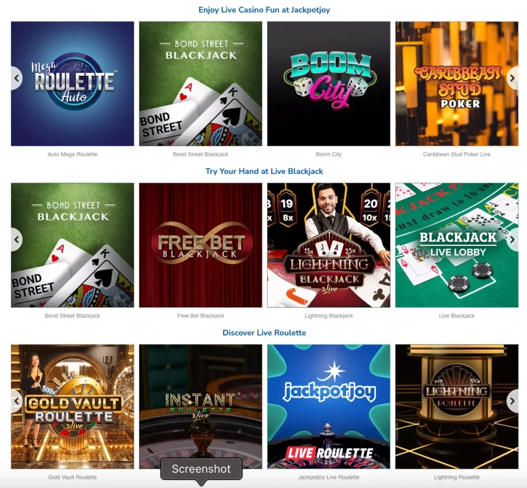 Jackpotjoy live casino