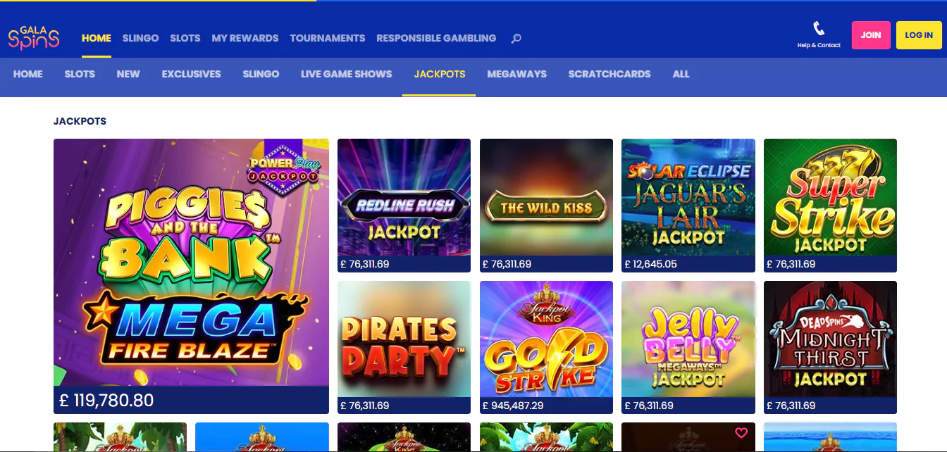 Gala Spins jackpot games