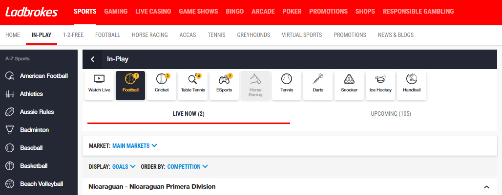 Ladbrokes casino In-play football sports section