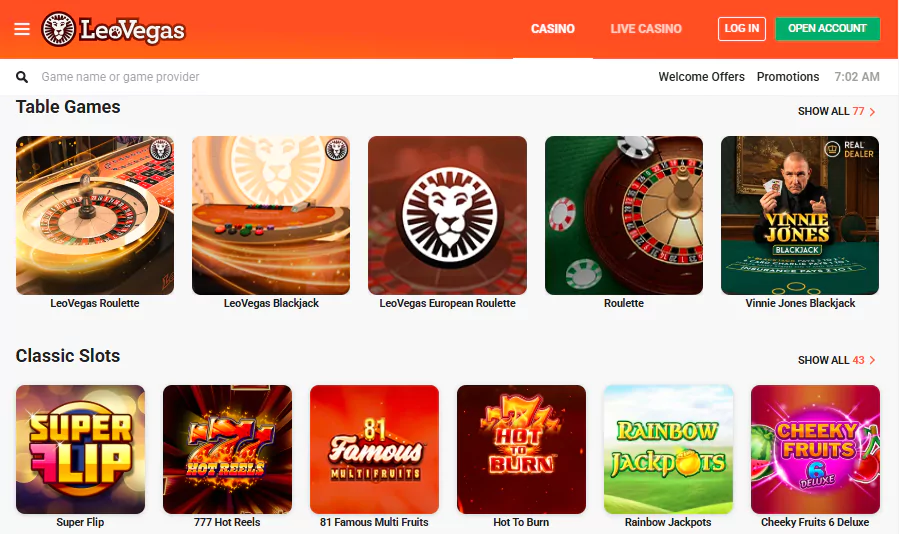 LeoVegas table and slot game categories