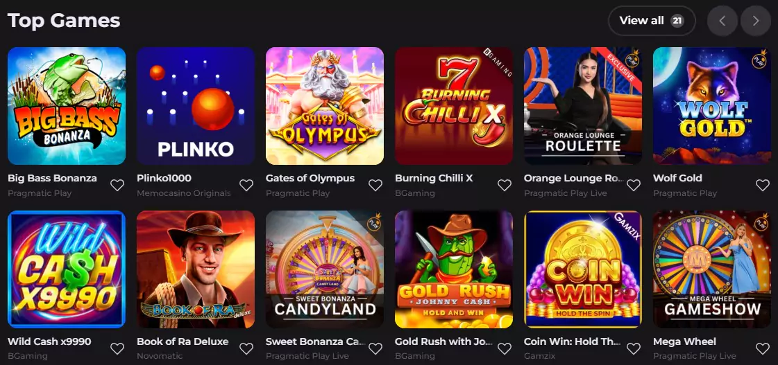 Popular games at Memo Casino