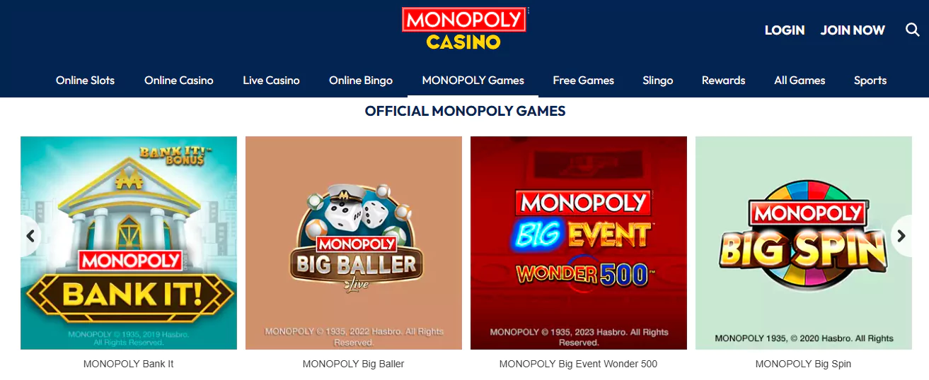 Monopoly Casino's monopoly themed games