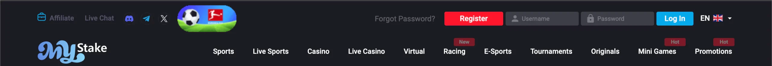 Menu bar at the website interface of MyStake Casino.