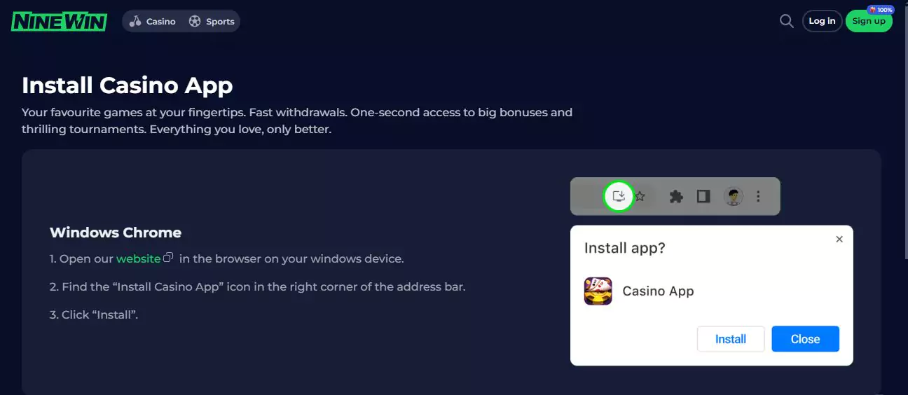 Ninewin web app on mobile devices
