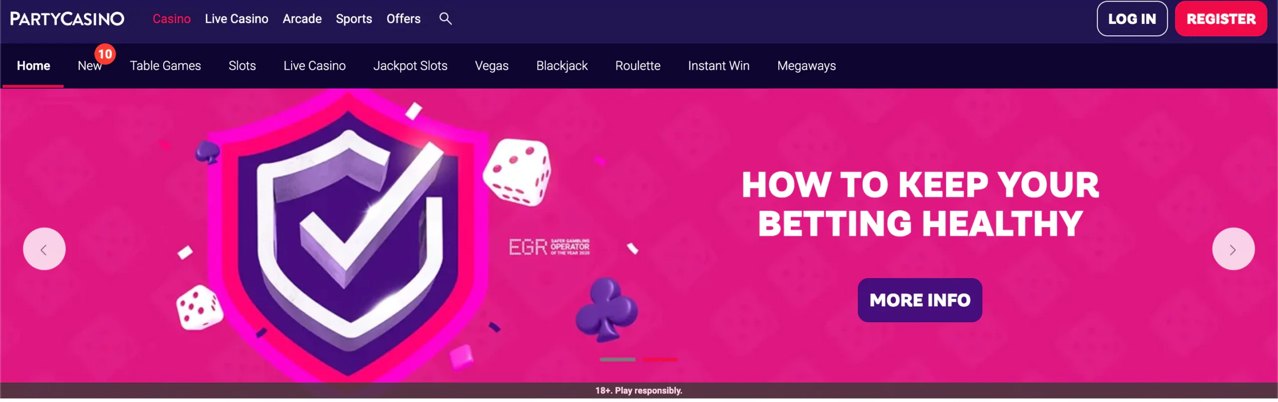 The user interface of Party Casino promoting healthy and secure gambling.