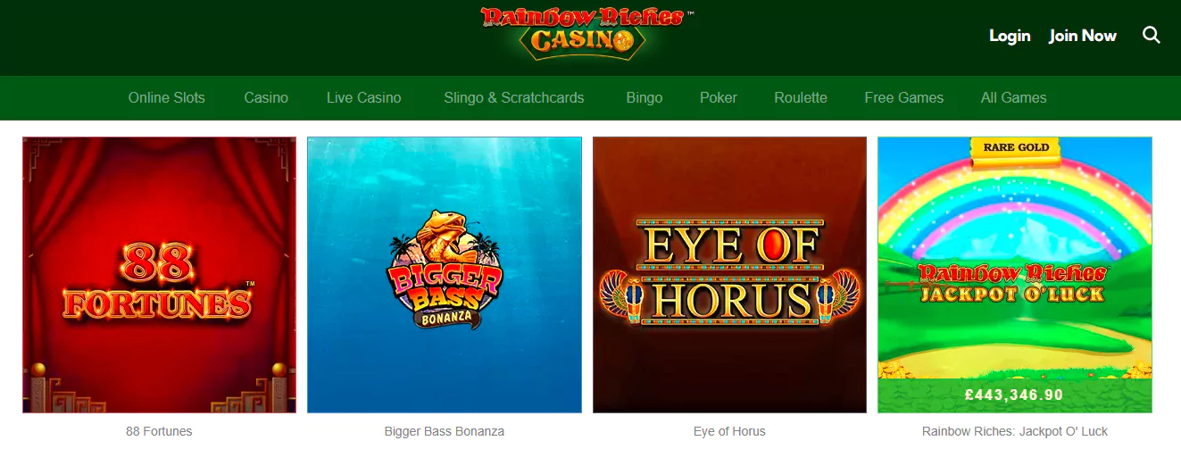 Rainbow Riches Casino's interface