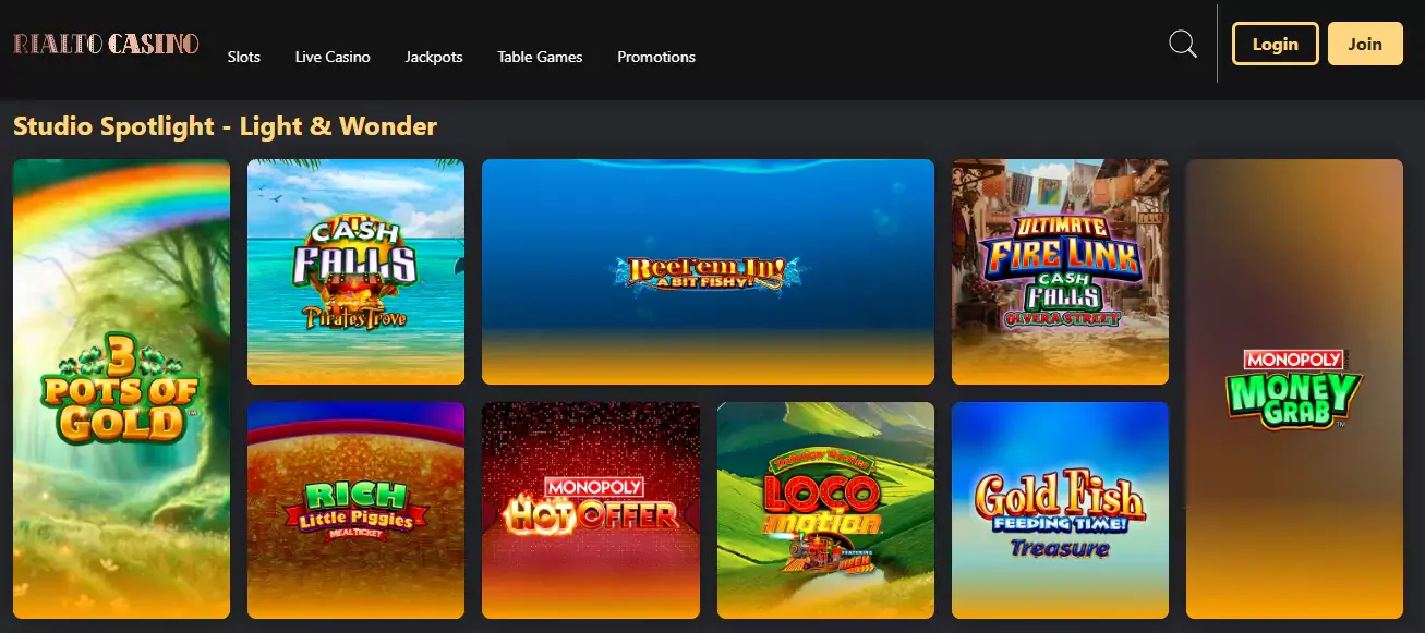 Rialto Casino's lively interface