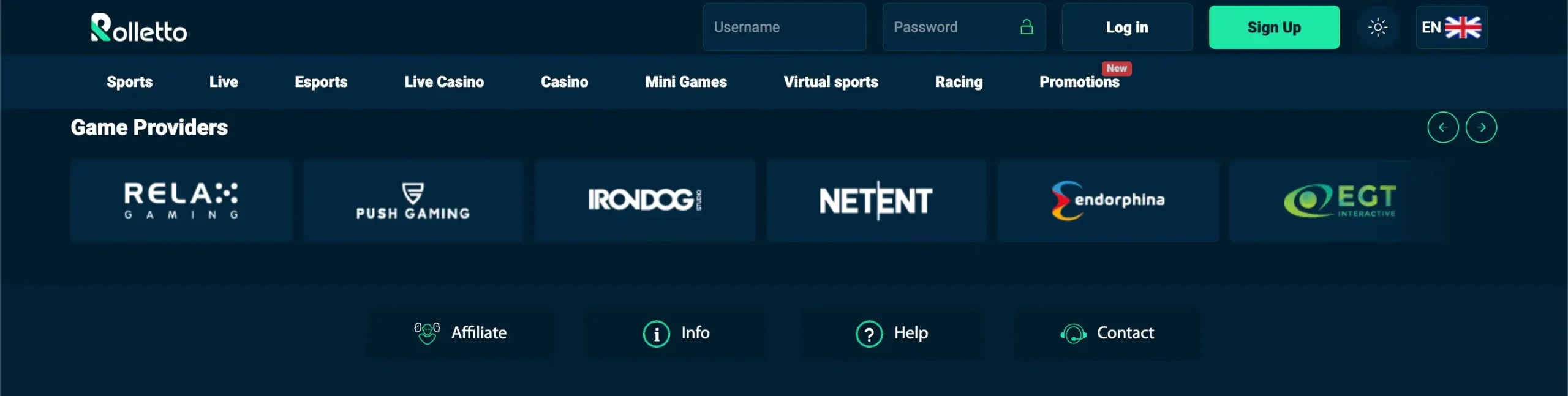 Menu and footer of Rolletto Casino featuring game variety  and game providers