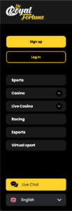 Menu bar at the website interface of Royal Fortune Casino.