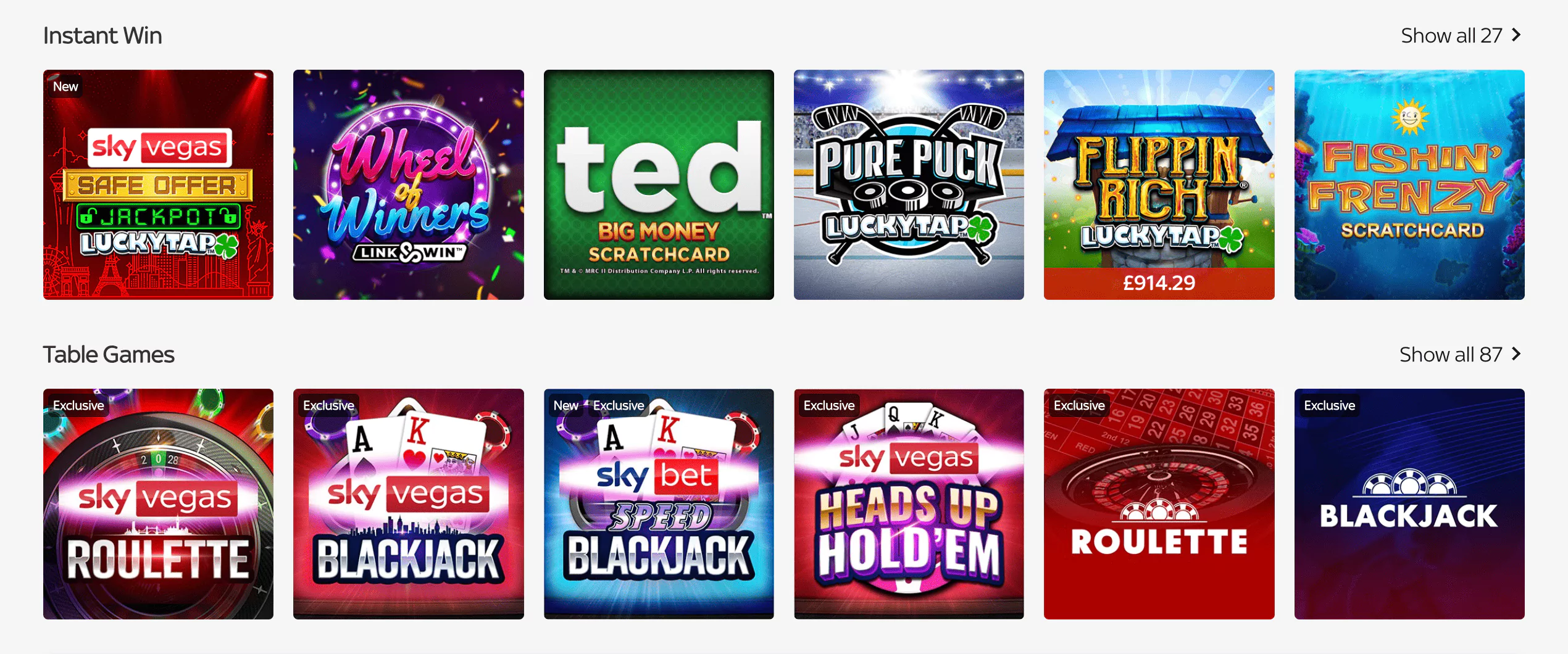 Sky Vegas instant win and table games