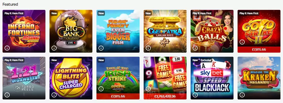Sky Vegas featured games