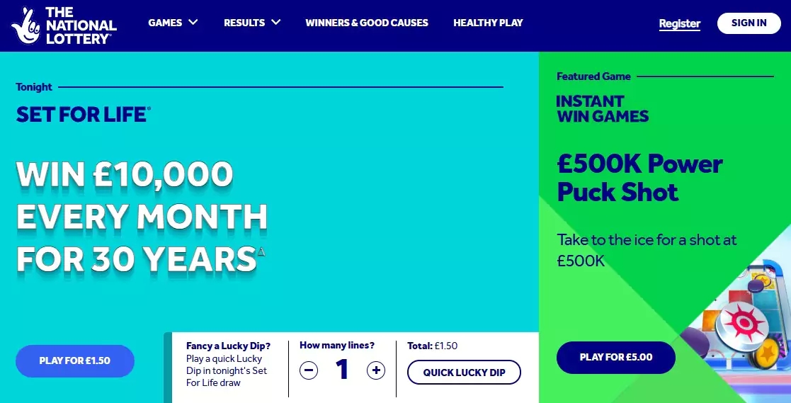 The National Lottery home page design