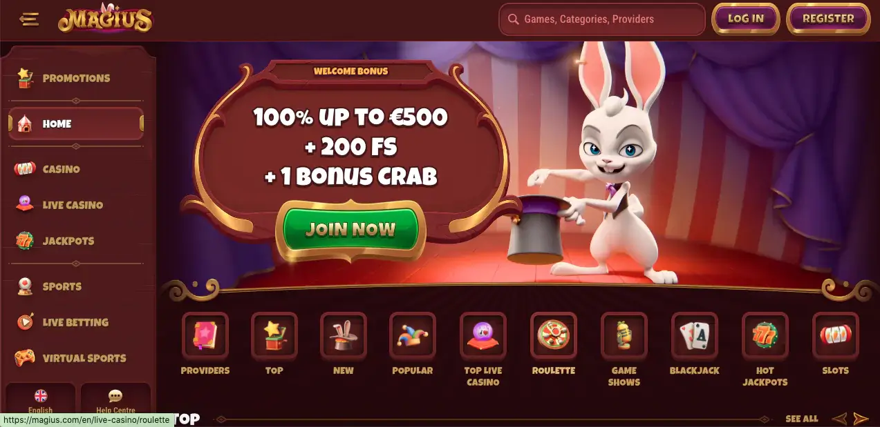Magius casino website interface
