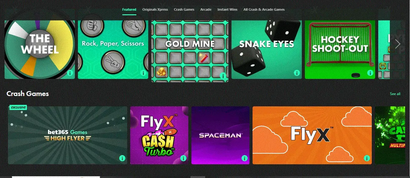 Bet365 Games crash and arcade sectioin