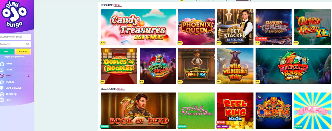 PlayOJO's new games section
