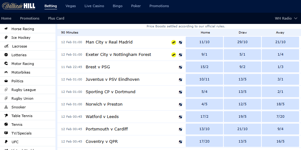 William Hill sports betting section
